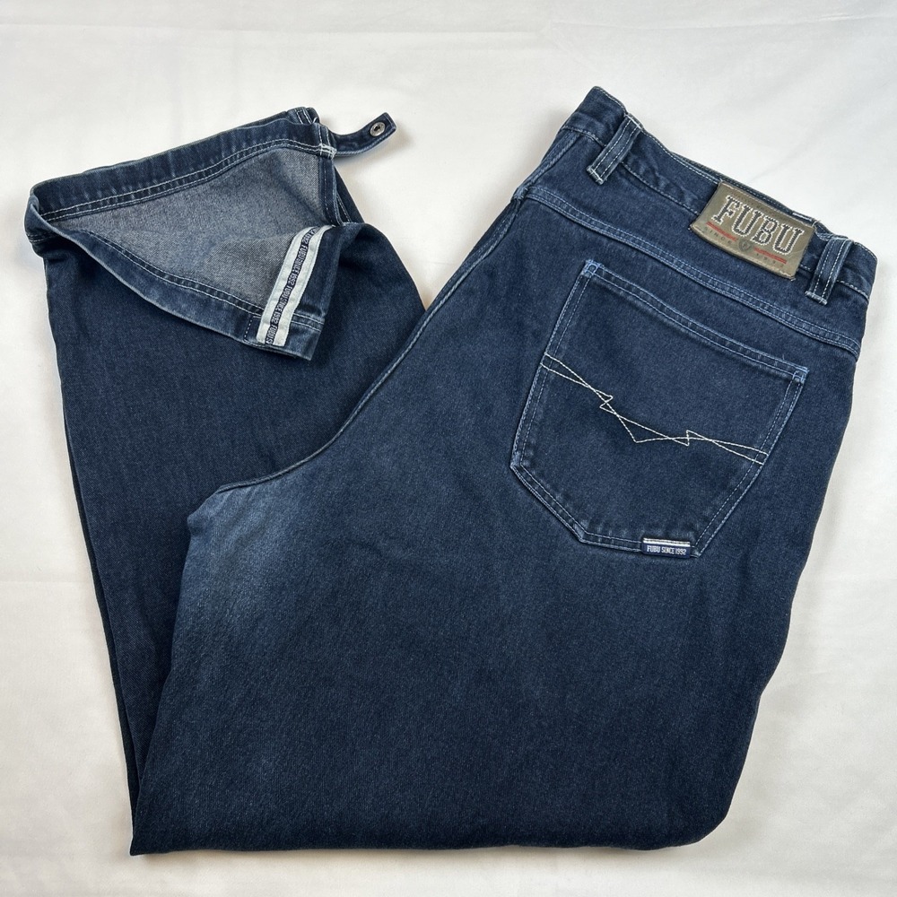 VTG FUBU Jeans Mens 44x32 Blue Wide Leg Relaxed Fit Hip Hop Denim Y2K Leg Buckle